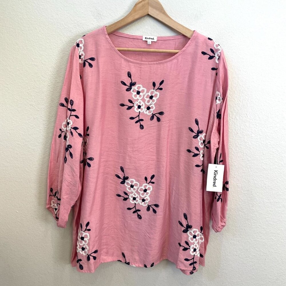 NEW Kindred Womens Plus 3X Pink Floral Embroidered Blouse Top Shirt